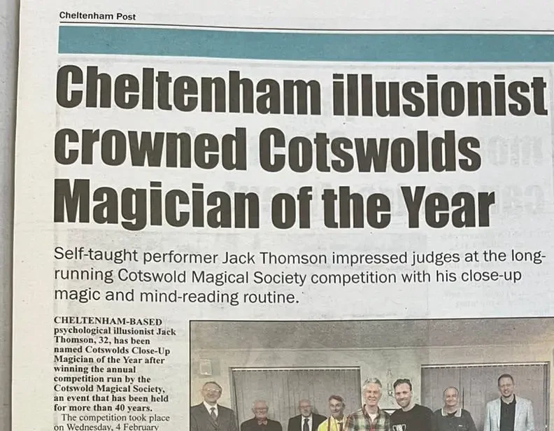 Cheltenham Post article headlined Cheltenham illusionist crowned Cotswolds Magician of the Year
